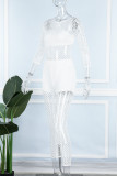 White Sexy Solid Patchwork See-through O Neck Long Sleeve Two Pieces