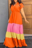 Red Casual Patchwork Contrast V Neck Short Sleeve Dress Dresses