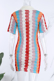 Red Casual Street Print Hollowed Out Patchwork Buckle Turndown Collar Dresses