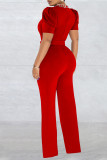 Red Elegant Solid Patchwork O Neck Straight Jumpsuits