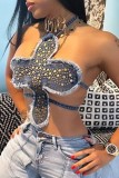 Blue Sexy Patchwork Rivets Bandage Backless Halter Tops