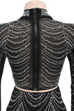 Red Sexy Solid Patchwork Hot Drill O Neck Long Sleeve Two Pieces
