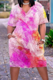 Rose Pink Casual Print Tie Dye Patchwork V Neck Short Sleeve Dress Plus Size Dresses