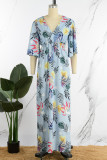 Blue Casual Daily Print Patchwork V Neck Long Dress Dresses