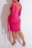 Rose Red Sexy Casual Solid Hollowed Out O Neck Long Sleeve Dresses