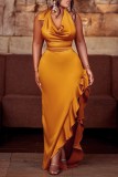 Rose Red Sexy Solid Bandage Backless Slit Halter Long Dress Dresses
