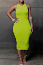Green Sexy Solid Ripped Patchwork O Neck One Step Skirt Dresses