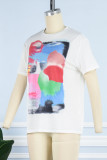 White Casual Street Print Patchwork O Neck T-Shirts