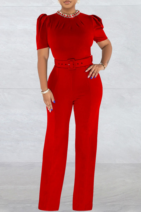 Red Elegant Solid Patchwork O Neck Straight Jumpsuits