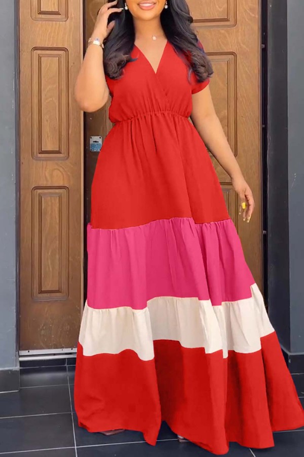Red Casual Patchwork Contrast V Neck Short Sleeve Dress Dresses