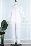 Blue Casual Solid Ripped Patchwork O Neck Half Sleeve Two Pieces