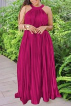 Rose Purple Casual Solid Pleated O Neck Long Dress (Without Belt)