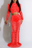 Red Sexy Solid Patchwork Hot Drill O Neck Long Sleeve Two Pieces
