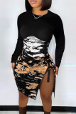 Black White Sexy Patchwork Tie-dye High Opening O Neck Pencil Skirt Dresses