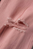 Pink Casual Solid Tassel Ripped Mid Waist Regular Denim Jeans