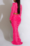 Red Sexy Solid Patchwork Hot Drill O Neck Long Sleeve Two Pieces
