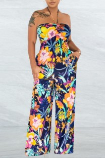 Multicolor Sexy Casual Print Bandage Backless Strapless Regular Jumpsuits
