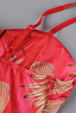 Red Sexy Print Patchwork Asymmetrical Spaghetti Strap Sleeveless Two Pieces