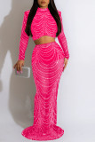 Red Sexy Solid Patchwork Hot Drill O Neck Long Sleeve Two Pieces
