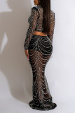 Red Sexy Solid Patchwork Hot Drill O Neck Long Sleeve Two Pieces