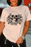 Grey Casual Print Patchwork Skull O Neck T-Shirts
