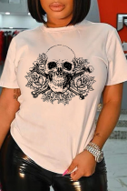 White Casual Print Patchwork Skull O Neck T-Shirts