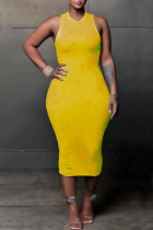 Yellow Sexy Solid Ripped Patchwork O Neck One Step Skirt Dresses