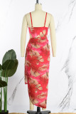 Red Sexy Print Patchwork Asymmetrical Spaghetti Strap Sleeveless Two Pieces