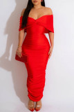 Blue Sexy Solid Backless Fold Off the Shoulder Long Dress Dresses