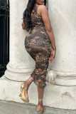 Brown Sexy Print Patchwork Fold O Neck One Step Skirt Dresses