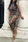 Brown Sexy Print Patchwork Fold O Neck One Step Skirt Dresses