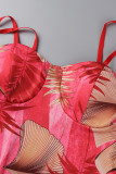Red Sexy Print Patchwork Asymmetrical Spaghetti Strap Sleeveless Two Pieces
