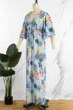 Blue Casual Daily Print Patchwork V Neck Long Dress Dresses