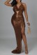 Dark Brown Sexy Solid Draw String Frenulum Backless Slit Spaghetti Strap Long Dress Dresses