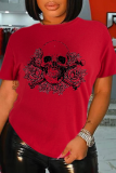 Navy Blue Casual Print Patchwork Skull O Neck T-Shirts