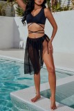 Black Sexy Solid Bandage See-through Swimsuit Three Piece Set (Without Paddings)