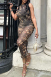 Brown Sexy Print Patchwork Fold O Neck One Step Skirt Dresses