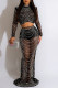 Black Sexy Solid Patchwork Hot Drill O Neck Long Sleeve Two Pieces