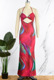 Colour Sexy Print Hollowed Out Backless Spaghetti Strap Long Dress Dresses