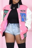 Pink Casual Letter Patchwork Cardigan Plus Size Overcoat