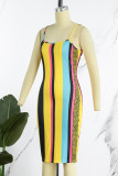 Yellow Sexy Casual Print Patchwork Backless Spaghetti Strap Sleeveless Dress Dresses