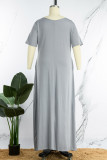 Blue Casual Solid Basic V Neck Short Sleeve Dress Plus Size Dresses