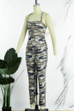 Army Green Sexy Camouflage Print Bandage Backless Spaghetti Strap Skinny Jumpsuits