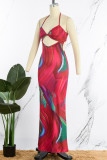 Colour Sexy Print Hollowed Out Backless Spaghetti Strap Long Dress Dresses