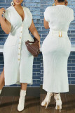 Yellow Casual Solid Patchwork Buckle Slit V Neck Straight Dresses(Without Belt)