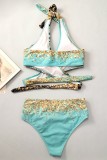 Blue Sexy Print Leopard Bandage Patchwork Backless Swimwears (With Paddings)