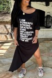 Grey Casual Letter Print Patchwork Oblique Collar Irregular Dress Dresses