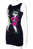 Black Sexy Print Basic O Neck Sleeveless Dress Dresses