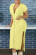 Yellow Casual Solid Patchwork Buckle Slit V Neck Straight Dresses(Without Belt)