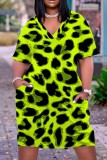 Fluorescent Yellow Casual Print Patchwork Basic V Neck Short Sleeve Dress